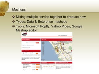 Mashups Mixing multiple service together to produce new Types: Data & Enterprise mashups Tools: Microsoft Popfly, Yahoo Pipes, Google Mashup editor 