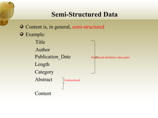 Semi-Structured Data Content is, in general,  semi-structured Example: 􀂄  Title 􀂄  Author 􀂄  Publication_Date  Structured attribute/value pairs 􀂄  Length 􀂄  Category 􀂄  Abstract  Unstructured   􀂄  Content 