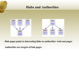 Hubs and Authorities Hub pages point to interesting links to authorities = relevant pages Authorities are targets of hub pages 