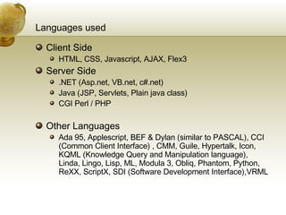 Languages used Client Side HTML, CSS, Javascript, AJAX, Flex3 Server Side .NET (Asp.net, VB.net, c#.net) Java (JSP, Servlets, Plain java class)  CGI Perl / PHP Other Languages Ada 95, Applescript, BEF & Dylan (similar to PASCAL), CCI (Common Client Interface) , CMM, Guile, Hypertalk, Icon, KQML (Knowledge Query and Manipulation language), Linda, Lingo, Lisp, ML, Modula 3, Obliq, Phantom, Python, ReXX, ScriptX, SDI (Software Development Interface),VRML 