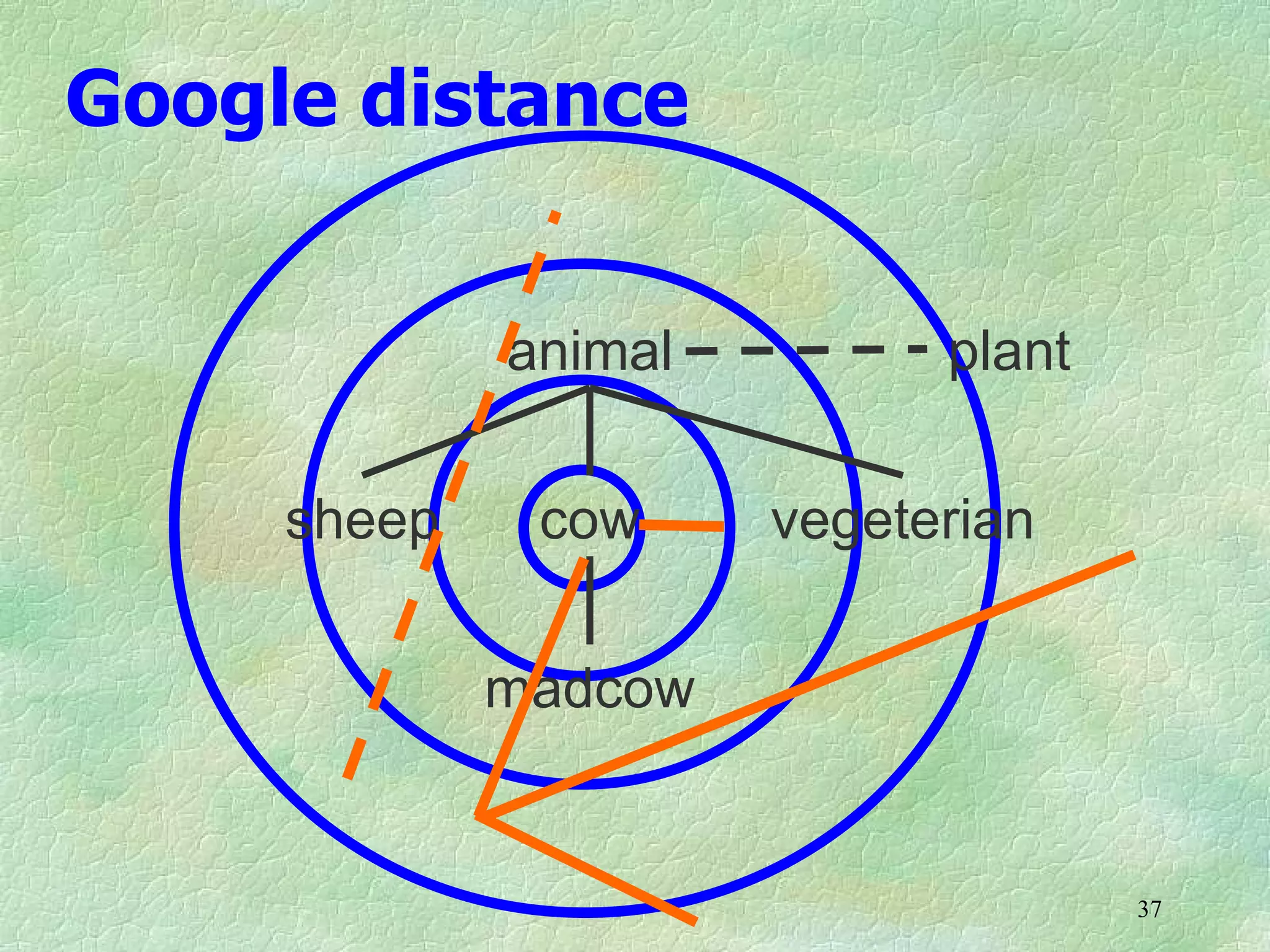 Google distance


             animal         plant

     sheep    cow     vegeterian

             madcow


                                    37
 