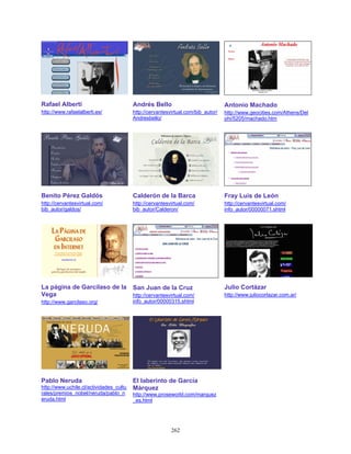Rafael Alberti                           Andrés Bello                             Antonio Machado
http://www.rafaelalberti.es/             http://cervantesvirtual.com/bib_autor/   http://www.geocities.com/Athens/Del
                                         Andresbello/                             phi/5205/machado.htm




Benito Pérez Galdós                      Calderón de la Barca                     Fray Luis de León
http://cervantesvirtual.com/             http://cervantesvirtual.com/             http://cervantesvirtual.com/
bib_autor/galdos/                        bib_autor/Calderon/                      info_autor/00000071.shtml




La página de Garcilaso de la San Juan de la Cruz                                  Julio Cortázar
Vega                         http://cervantesvirtual.com/                         http://www.juliocortazar.com.ar/
http://www.garcilaso.org/                info_autor/00000315.shtml




Pablo Neruda                             El laberinto de García
http://www.uchile.cl/actividades_cultu   Márquez
rales/premios_nobel/neruda/pablo_n       http://www.proseworld.com/marquez
eruda.html                               _es.html




                                                          262
 