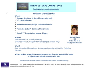 INTERCULTURAL COMPETENCE
Reaching out for a smooth communication
Global Schools, CTC® - Marie Luise Williams, Neuenberger Str.114 - 36041 Fulda - Tel.: 0661 - 901 69 44,mailto: mw@globalschools.de -
www.globalschools.de, Gerichtsstand Fulda
ü YOU MAY CHOOSE FROM:
When?
üCompact-Seminars; 10 days, 5 lesson units each
ü - (1 LU=45 minutes)
ü
üWeekend-Seminars; 3 days, 5 lesson units each
ü
ü“Taste the Culture”- Seminar; 7 lesson units
ü
üKick-off PP-Presentation; approx. 3 hours
Where?
Global Schools CTC®, Fulda/Germany
Global Schools CTC®, Regalbuto/Sicily: compact courses only!
What?
Your Intercultural Competence Seminar can be conducted in either English or
German
We are looking forward to you contacting us any time and we would be happy
to coordinate a suitable schedule with you!
Please consider, to book at least 1 month ahead of time to assure availability!
Marie Williams
CEO
49-160-722-98-69
mw@globalschools.de
 