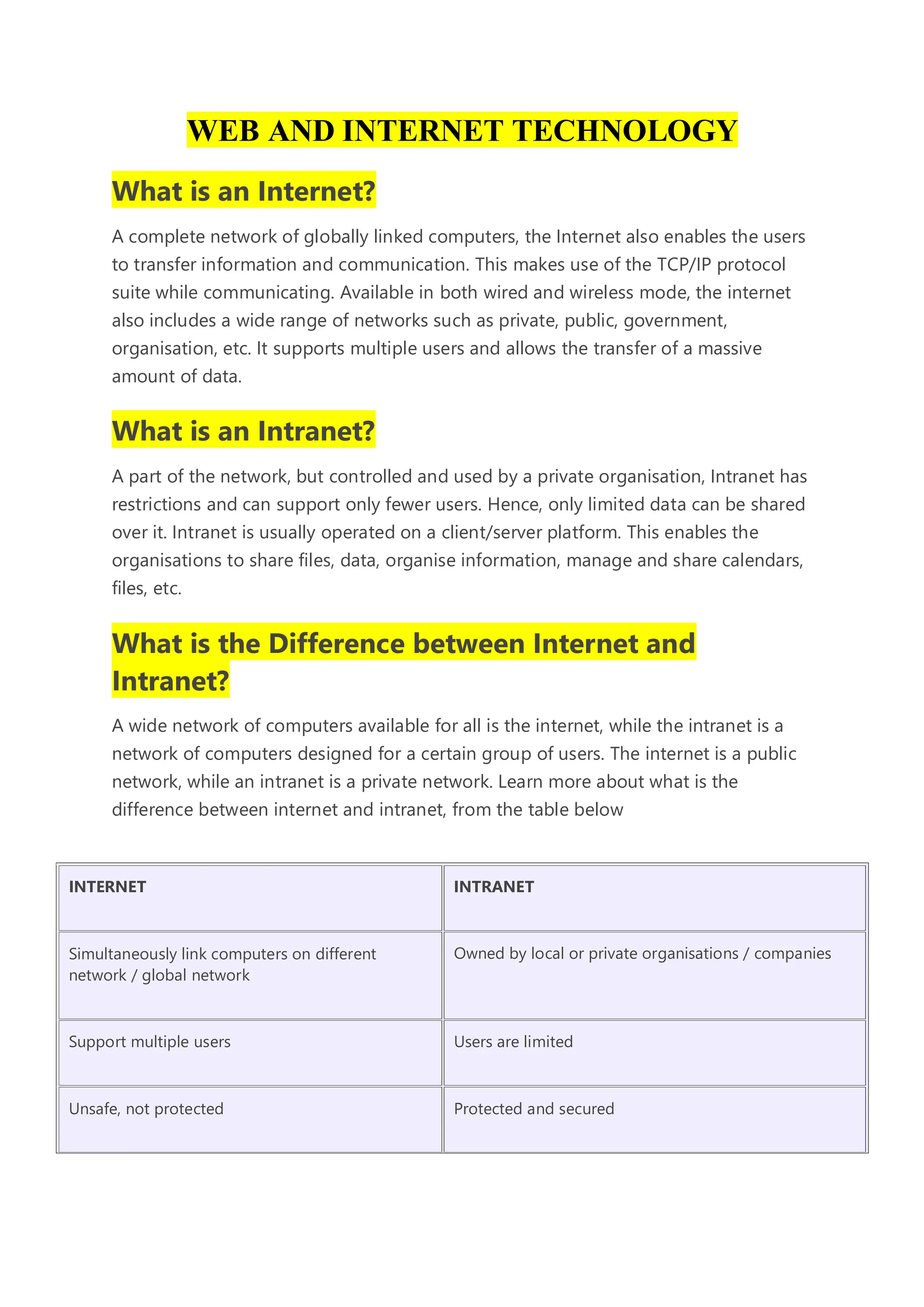 Web and internet technology notes for BCA students | PDF