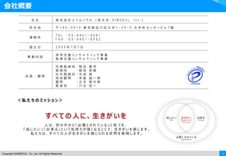 13Copyright ©AIMSOUL Co. Ltd. All Rights Reserved.
会社概要
社 名 株 式 会 社 エ イ ム ソ ウ ル （ 英 文 名 ： A I M S O U L , I n c . ）
所 在 地 〒 1 4 0 - 0 0 1 4 東 京 都 品 川 区 大 井 1 - 2 4 - 5 大 井 町 セ ン タ ー ビ ル 7 階
連 絡 先
T E L ： 0 3 - 6 4 5 1 - 8 5 8 1
F A X ： 0 3 - 6 4 5 1 - 8 5 8 2
設 立 日 2 0 0 5 年 7 月 7 日
事 業 内 容
採 用 支 援 コ ン サ ル テ ィ ン グ 事 業
教 育 支 援 コ ン サ ル テ ィ ン グ 事 業
役 員 ・ 顧 問
代 表 取 締 役 ： 稲 垣 隆 司
取 締 役 ： 蛭 田 英 樹
社 外 取 締 役 ： 吉 田 崇
特 別 顧 問 ： 米 倉 誠 一 郎
顧 問 ： 正 木 郁 太 郎
監 査 役 ： 川 合 宏 一
人 は 、 世 の 中 か ら 「 必 要 と さ れ て い る 」 と 気 づ き 、
「 成 し た い 」 「 出 来 る 」 と い う 気 持 ち が 強 く な る こ と で 、 生 き が い を 感 じ ま す 。
私 た ち は 、 す べ て の 人 が 生 き が い を 感 じ ら れ る 世 界 を 実 現 し ま す 。
すべての人に、生きがいを
＜ 私 た ち の ミ ッ シ ョ ン ＞
 