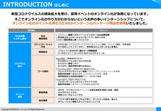 3Copyright ©AIMSOUL Co. Ltd. All Rights Reserved.
INTRODUCTION はじめに
新型コロナウイルスの感染拡大を受け、採用イベントのオンライン化が急務になっています。
そこでオンライン化のやり方がわからないというお声の多いインターンシップについて、
オンライン化のポイントを押さえたWEBインターンのパッケージ商品を開発いたしました。
検討観点 ポイント
1.アカウント登録や専用アプリのインストールの必要有無
2.双方向コミュニケーションが取りやすい機能の有無
3.自社の想定参加人数への対応可否
WEB会議
システム選定
・WEB会議システムのブレイクアウトセッション機能、チャット機能、投票機能、
挙手機能などを上手に活用し、双方向コミュニケーションを導入
・1日あたりの実施時間は最大4～5時間程度
・約1時間区切りでコンパクトなタイムスケジュール
プログラム
設計
Input設計（情報提供の仕方）
・配布資料はできる限りコンパクト化
・配布資料は横型で制作
・配布資料に機密情報を盛り込まない
Throughput設計（情報共有や議論の方法）
・ブレイクアウトセッション機能でグループディスカッションを実現
・画面共有機能で議論内容をリアルタイムで共有・整理
・選択肢型または自由討論型のワーク形式が最適
Output設計（発表の項目や方法）
・プレゼンテーションのフォーマットを用意
・画面共有機能で各グループの内容を全体共有
・運営側、学生側のWEBイベントで必要な環境を事前に伝達・確認
・カメラテストを実施
・事前リハーサルは必ず実施
・司会者は話す速度はいつもより早く、テンションは高め、堂々と
・オペレーション補助スタッフを最低1名は手配
イベント
運営
コミュニケーション
方法
時間配分
ワーク設計
事前準備
当日運営
主な
確認項目
 