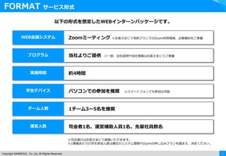 5Copyright ©AIMSOUL Co. Ltd. All Rights Reserved.
FORMAT サービス形式
以下の形式を想定したWEBインターンパッケージです。
プログラム 当社よりご提供 ※一部、会社説明や自社情報はお客さまにてご準備
実施時間 約4時間
チーム人数 1チーム3ー5名を推奨
運営人数 司会者1名、運営補助人員1名、先輩社員数名
※司会進行はお客さまにて実施いただきます。
※1開催あたりの学生参加人数は貴社のシステム環境やZoomの申し込みプランを踏まえ、決定ください。
WEB会議システム Zoomミーティング ※お客さまにて有料プランでのZoom利用環境、必要機材をご準備
学生デバイス パソコンでの参加を推奨 ※スマートフォンでも参加は可能
 