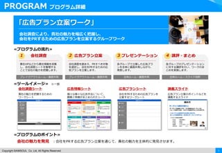 9Copyright ©AIMSOUL Co. Ltd. All Rights Reserved.
PROGRAM プログラム詳細
「広告プラン立案ワーク」
会社調査により、貴社の魅力を幅広く把握し、
会社をPRするための広告プランを立案するグループワーク
≪プログラムのポイント≫
会社の魅力を発見 ：会社をPRする広告プラン立案を通じて、貴社の魅力を主体的に発見させます。
≪プログラムの流れ≫
1 会社調査
貴社HPなどから貴社情報を収集
し、会社調査シートを整理する
ことで会社の魅力を把握します。
2 広告プラン立案
会社調査を踏まえ、PRすべき対象
を選定し、会社をPRするための広
告プランを立案します。
≪ツールイメージ≫ ※一部
会社調査シート
貴社の魅力を把握するための
ワークシート
広告情報シート
様々な様々な広告手法について、
概要と特徴がまとめられたシート
広告プランシート
会社をPRするための広告プランを
立案するワークシート
講義スライド
広告プラン立案のポイントなどを
講義するスライド
3 プレゼンテーション
各グループで立案した広告プラ
ンを全体に画面共有しながら、
発表します。
4 講評・まとめ
各グループのプレゼンテーション
に対する講評を行い、ワークのま
とめを実施します。
ブレイクアウトルーム・画面共有 ブレイクアウトルーム・画面共有 全体ルーム・画面共有 全体ルーム・スライド投影
 