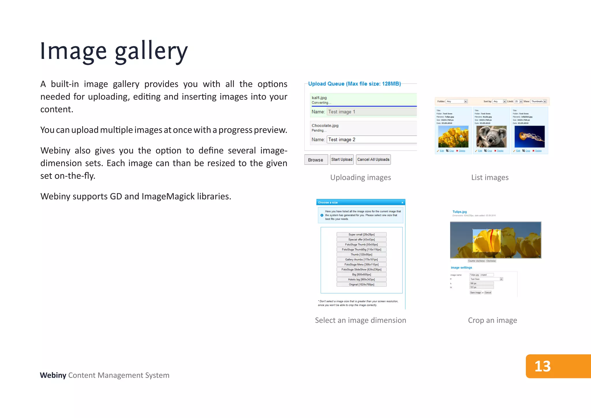 Image gallery
A built-in image gallery provides you with all the options
needed for uploading, editing and inserting images into your
content.

You can upload multiple images at once with a progress preview.

Webiny also gives you the option to define several image-
dimension sets. Each image can than be resized to the given
set on-the-fly.                                                       Uploading images        List images

Webiny supports GD and ImageMagick libraries.




                                                                  Select an image dimension   Crop an image




Webiny Content Management System
                                                                                                              13
 