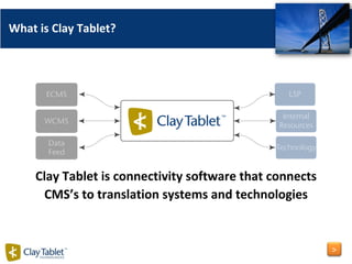 Clay Tablet is connectivity software that connects CMS’s to translation systems and technologies What is Clay Tablet? > 
