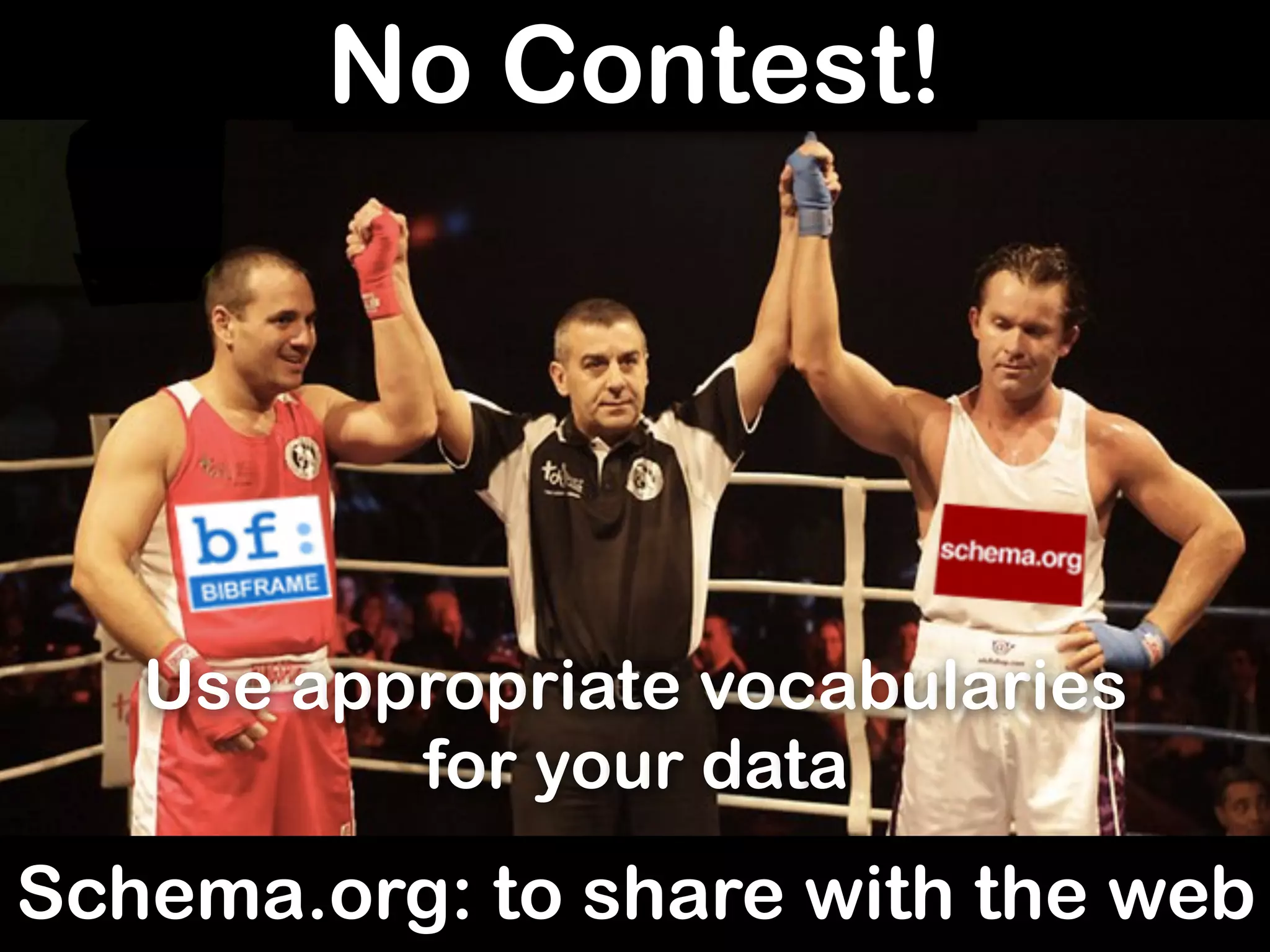 Contest?No Contest!
Use appropriate vocabularies
for your data
Schema.org: to share with the web
 