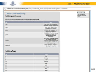 10/18
ELIS – Multimedia Lab
A Framework Concept for Profiling Researchers on Twitter using the Web of Data
Laurens De Vocht
09-05-2013
Implementation: Match rating between two users
 