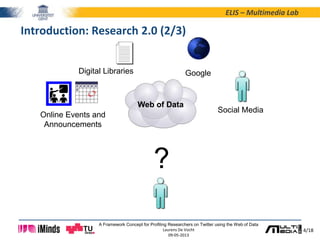 4/18
ELIS – Multimedia Lab
A Framework Concept for Profiling Researchers on Twitter using the Web of Data
Laurens De Vocht
09-05-2013
Introduction: Research 2.0 (2/3)
Digital Libraries Google
Social Media
Online Events and
Announcements
?
Web of Data
 