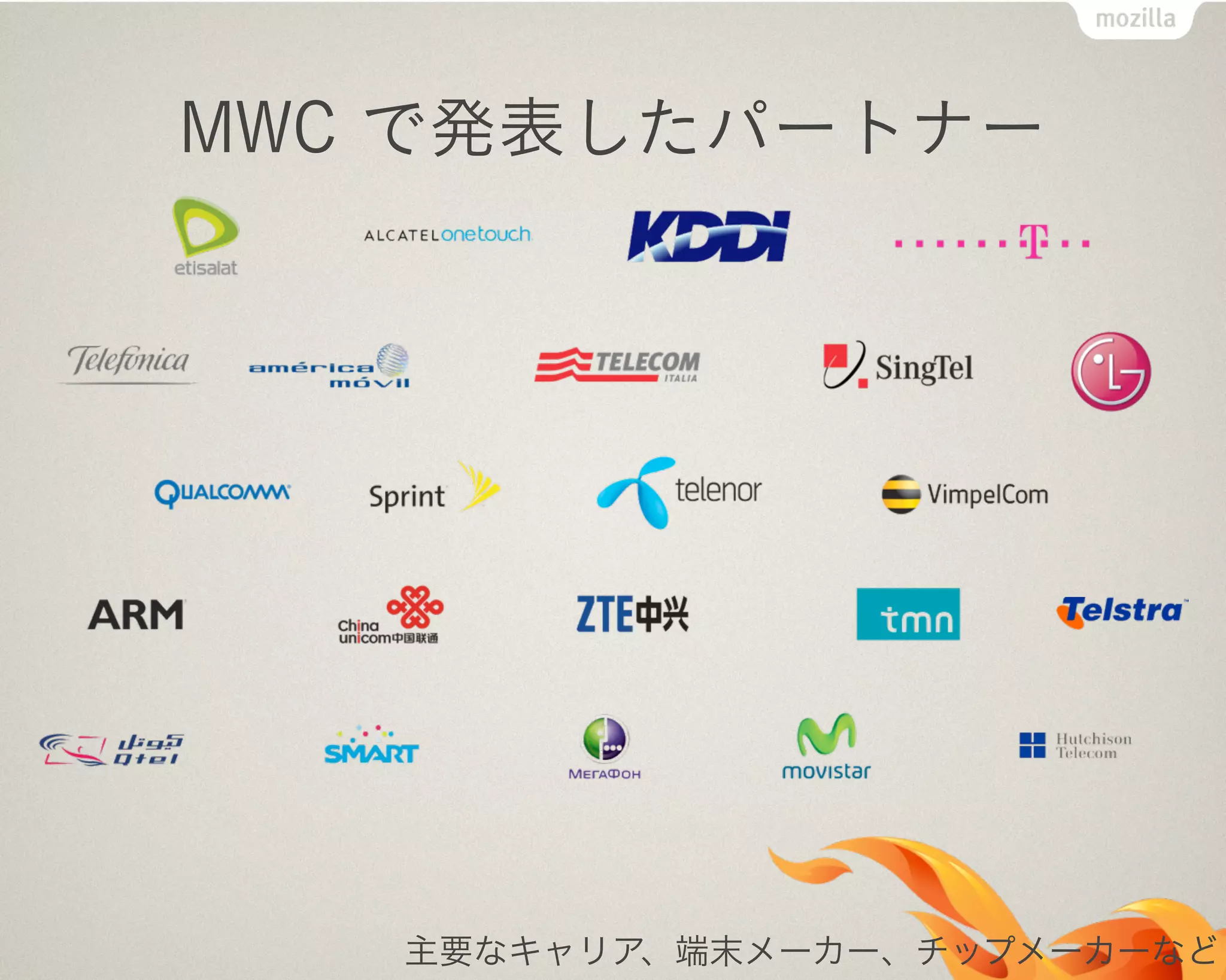 MWC で発表したパートナー
主要なキャリア、端末メーカー、チップメーカーなど
 