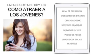MENU DE OPERACION 
CALENDARIO DE EVENTOS 
OFRENDA/DIESMO 
SERVICIOS GRABADOS 
SERVICIOS EN VIVO 
PEDIDO DE RESOS 
LA PROPUESTA DE HOY ES? 
COMO ATRAER A 
LOS JOVENES? 
LIBROS DE LA BIBLIAS 
MENSAGES 
 