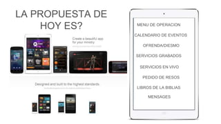 MENU DE OPERACION 
CALENDARIO DE EVENTOS 
OFRENDA/DIESMO 
SERVICIOS GRABADOS 
SERVICIOS EN VIVO 
PEDIDO DE RESOS 
LA PROPUESTA DE 
HOY ES? 
LIBROS DE LA BIBLIAS 
MENSAGES 
 