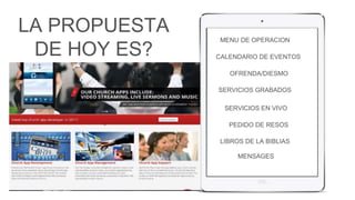 MENU DE OPERACION 
CALENDARIO DE EVENTOS 
OFRENDA/DIESMO 
SERVICIOS GRABADOS 
SERVICIOS EN VIVO 
PEDIDO DE RESOS 
LA PROPUESTA 
DE HOY ES? 
LIBROS DE LA BIBLIAS 
MENSAGES 
 