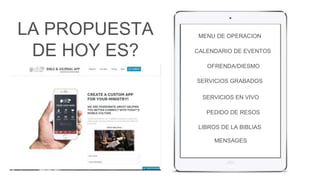 MENU DE OPERACION 
CALENDARIO DE EVENTOS 
OFRENDA/DIESMO 
SERVICIOS GRABADOS 
SERVICIOS EN VIVO 
PEDIDO DE RESOS 
LA PROPUESTA 
DE HOY ES? 
LIBROS DE LA BIBLIAS 
MENSAGES 
 