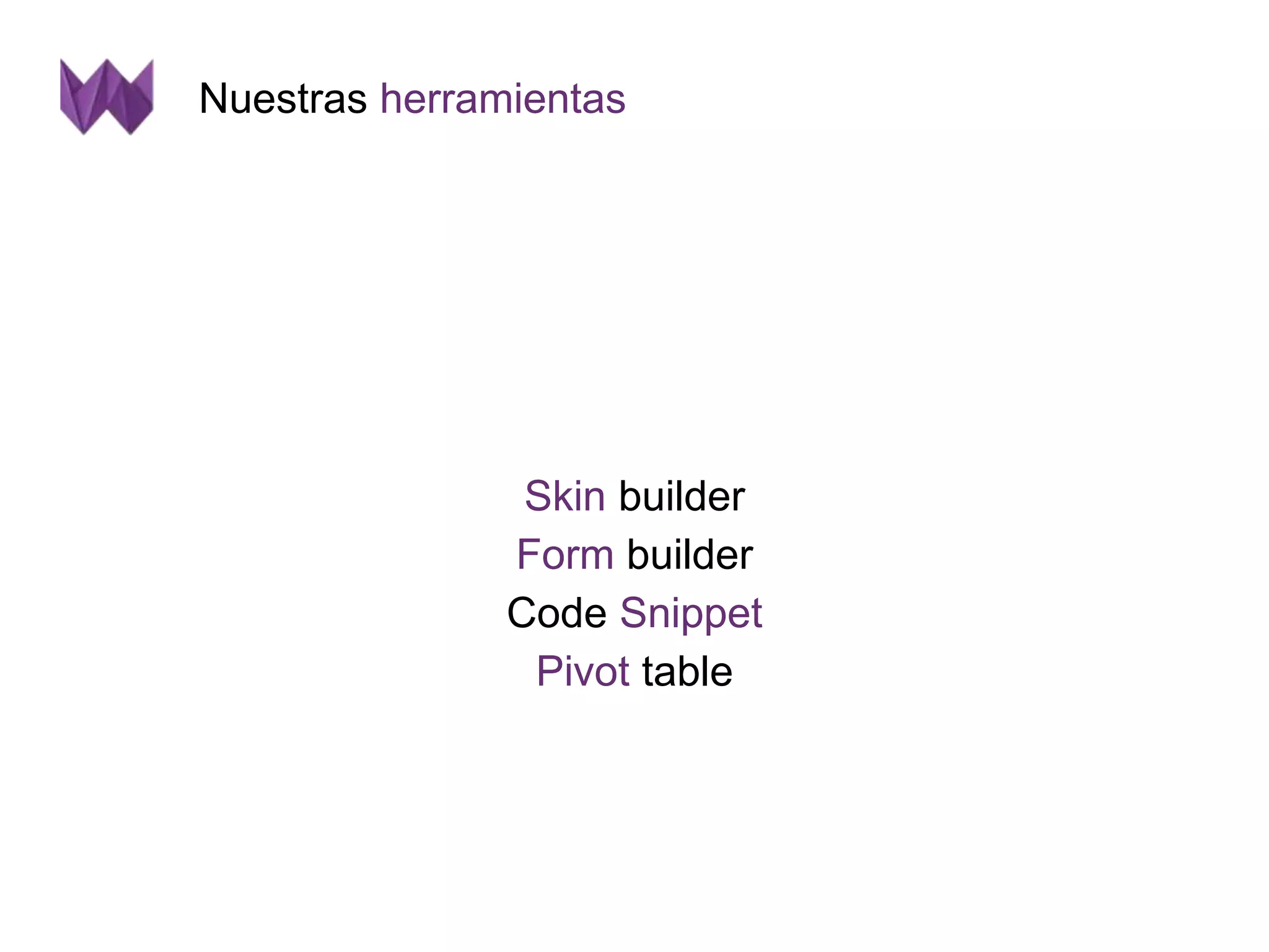 Nuestras herramientas 
Skin builder 
Form builder 
Code Snippet 
Pivot table 
 