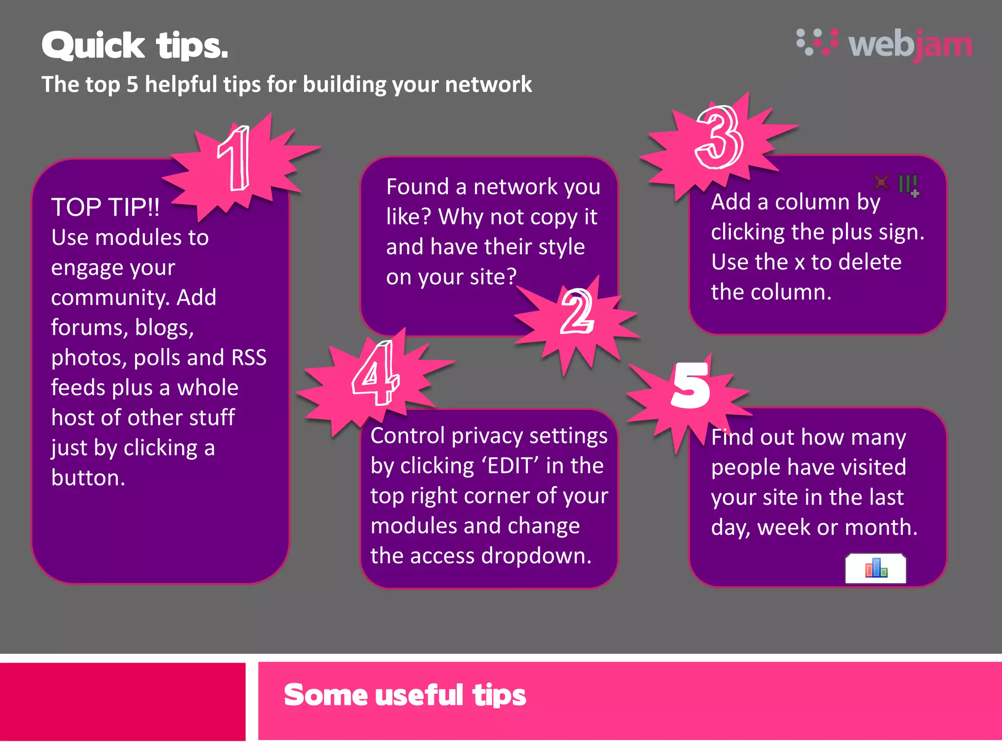 Quick tips.
The top 5 helpful tips for building your network



                                 Found a network you
TOP TIP!!                                                       Add a column by
                                 like? Why not copy it
Use modules to                                                  clicking the plus sign.
                                 and have their style
engage your                                                     Use the x to delete
                                 on your site?
community. Add                                                  the column.
forums, blogs,

                                                            5
photos, polls and RSS
feeds plus a whole
host of other stuff
just by clicking a              Control privacy settings        Find out how many
button.                         by clicking ‘EDIT’ in the       people have visited
                                top right corner of your        your site in the last
                                modules and change              day, week or month.
                                the access dropdown.




                        Some useful tips
 