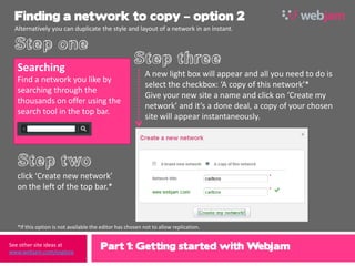 Finding a network to copy – option 2
 Alternatively you can duplicate the style and layout of a network in an instant.




  Searching                                              A new light box will appear and all you need to do is
  Find a network you like by
                                                         select the checkbox: ‘A copy of this network’*
  searching through the
                                                         Give your new site a name and click on ‘Create my
  thousands on offer using the
                                                         network’ and it’s a done deal, a copy of your chosen
  search tool in the top bar.
                                                         site will appear instantaneously.




  click ‘Create new network’
  on the left of the top bar.*



  *If this option is not available the editor has chosen not to allow replication.

See other site ideas at
www.webjam.com/explore
                                      Part 1: Getting started with Webjam
 