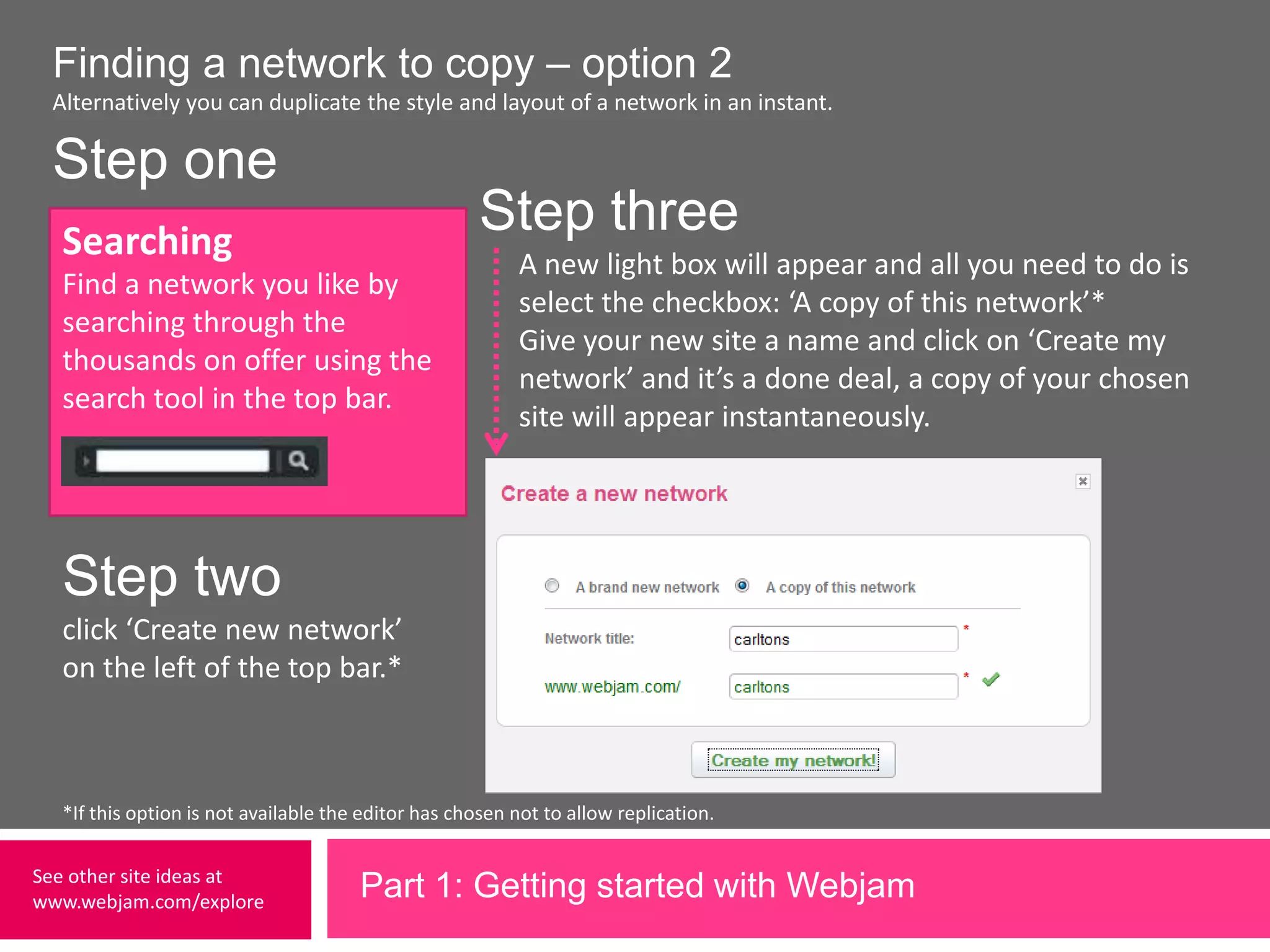 Finding a network to copy – option 2Alternatively you can duplicate the style and layout of a network in an instant. Step oneStep threeA new light box will appear and all you need to do is select the checkbox: ‘A copy of this network’* Give your new site a name and click on ‘Create my network’ and it’s a done deal, a copy of your chosen site will appear instantaneously. SearchingStep twoclick ‘Create new network’ on the left of the top bar.*Find a network you like by searching through the thousands on offer using the search tool in the top bar.*If this option is not available the editor has chosen not to allow replication.Part 1: Getting started with Webjam             See other site ideas at www.webjam.com/explore