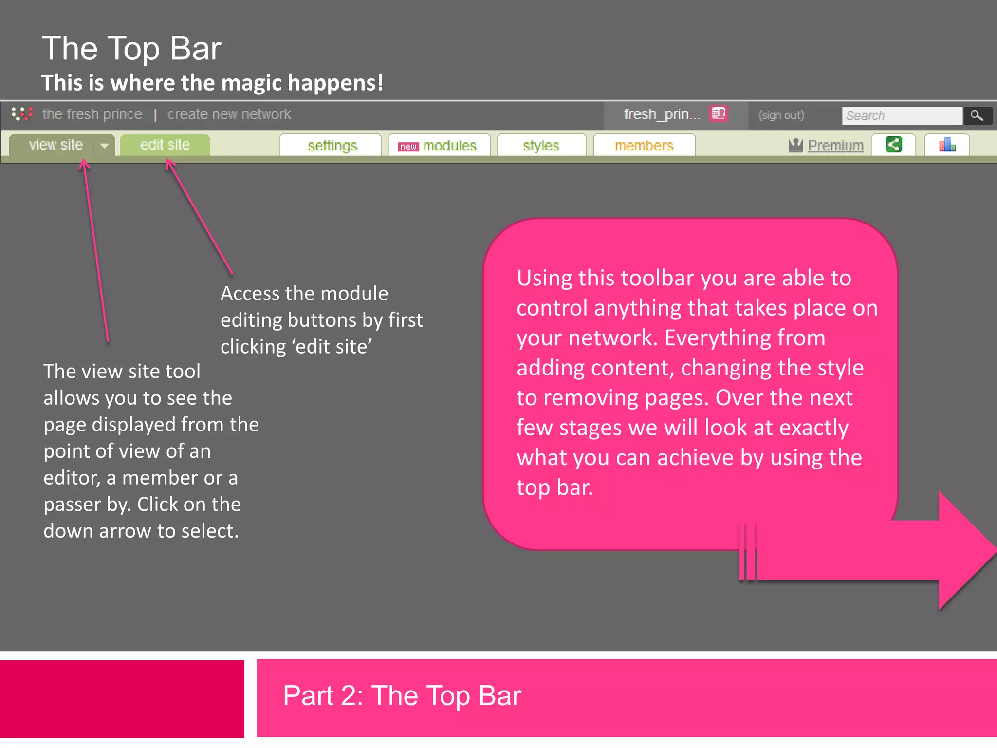 The Top BarThis is where the magic happens!Using this toolbar you are able to control anything that takes place on your network. Everything from adding content, changing the style to removing pages. Over the next few stages we will look at exactly what you can achieve by using the top bar.Access the module editing buttons by first clicking ‘edit site’The view site tool allows you to see the page displayed from the point of view of an editor, a member or a passer by. Click on the down arrow to select.Part 2: The Top Bar             