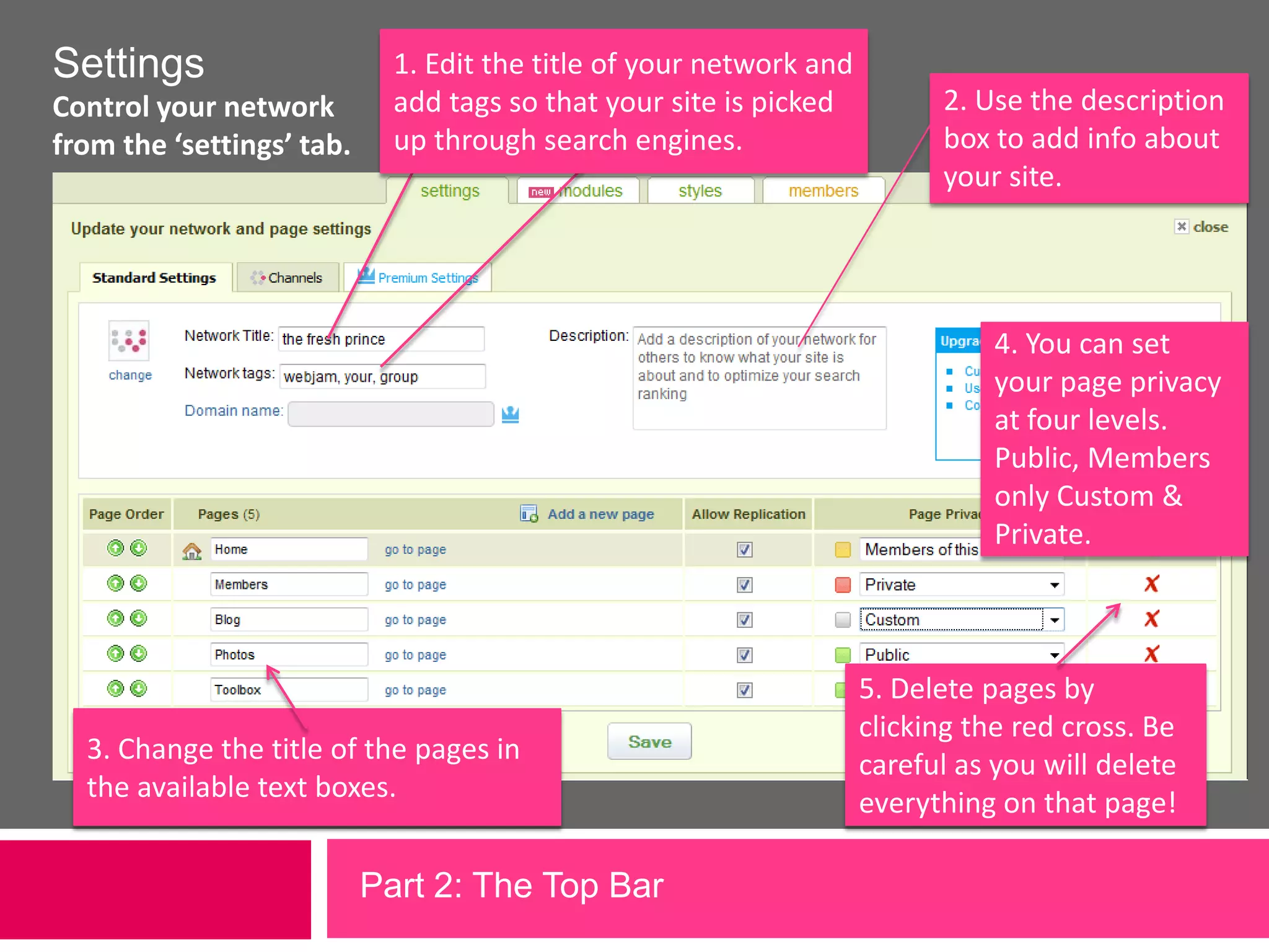SettingsControl your networkfrom the ‘settings’ tab.1. Edit the title of your network and add tags so that your site is picked up through search engines.2. Use the description box to add info about your site. 4. You can set your page privacy at four levels. Public, Members only Custom & Private.5. Delete pages by clicking the red cross. Be careful as you will delete everything on that page!3. Change the title of the pages in the available text boxes.Part 2: The Top Bar             