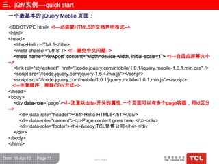 三、jQM实例----quick start
  一个最基本的 jQuery Mobile 页面：

  <!DOCTYPE html> <!—必须要HTML5的文档声明格式-->
  <html>
  <head>
     <title>Hello HTML5</title>
     <meta charset=“utf-8” /> <!—避免中文问题-->
     <meta name=“viewport” content=“width=device-width, initial-scale=1”> <!—自适应屏幕大小
  -->
     <link rel="stylesheet" href="//code.jquery.com/mobile/1.0.1/jquery.mobile-1.0.1.min.css" />
     <script src="//code.jquery.com/jquery-1.6.4.min.js"></script>
     <script src="//code.jquery.com/mobile/1.0.1/jquery.mobile-1.0.1.min.js"></script>
    <!--注意顺序，推荐CDN方式-->
  </head>
  <body>
     <div data-role=“page”><!--注意以data-开头的属性.一个页面可以有多个page容器，用id区分
  -->
        <div data-role="header"><h1>Hello HTML5</h1></div>
        <div data-role="content"><p>Page content goes here.</p></div>
        <div data-role=“footer”><h4>&copy;TCL销售公司</h4></div
     </div>
  </body>
  </html>

Date: 16-Apr-12   Page 11                 GPC R&D
 