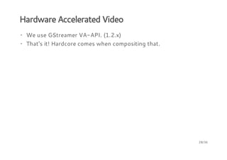 Hardware Accelerated Video
· We use GStreamer VA-API. (1.2.x)
· That's it! Hardcore comes when compositing that.

28/36

 