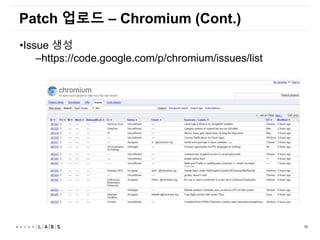 16
Patch 업로드 – Chromium (Cont.)
•Issue 생성
–https://code.google.com/p/chromium/issues/list
 