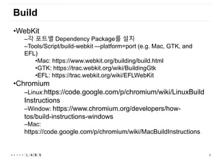 6
Build
•WebKit
–각 포트별 Dependency Package를 설치
–Tools/Script/build-webkit –-platform=port (e.g. Mac, GTK, and
EFL)
•Mac: https://www.webkit.org/building/build.html
•GTK: https://trac.webkit.org/wiki/BuildingGtk
•EFL: https://trac.webkit.org/wiki/EFLWebKit
•Chromium
–Linux:https://code.google.com/p/chromium/wiki/LinuxBuild
Instructions
–Window: https://www.chromium.org/developers/how-
tos/build-instructions-windows
–Mac:
https://code.google.com/p/chromium/wiki/MacBuildInstructions
 