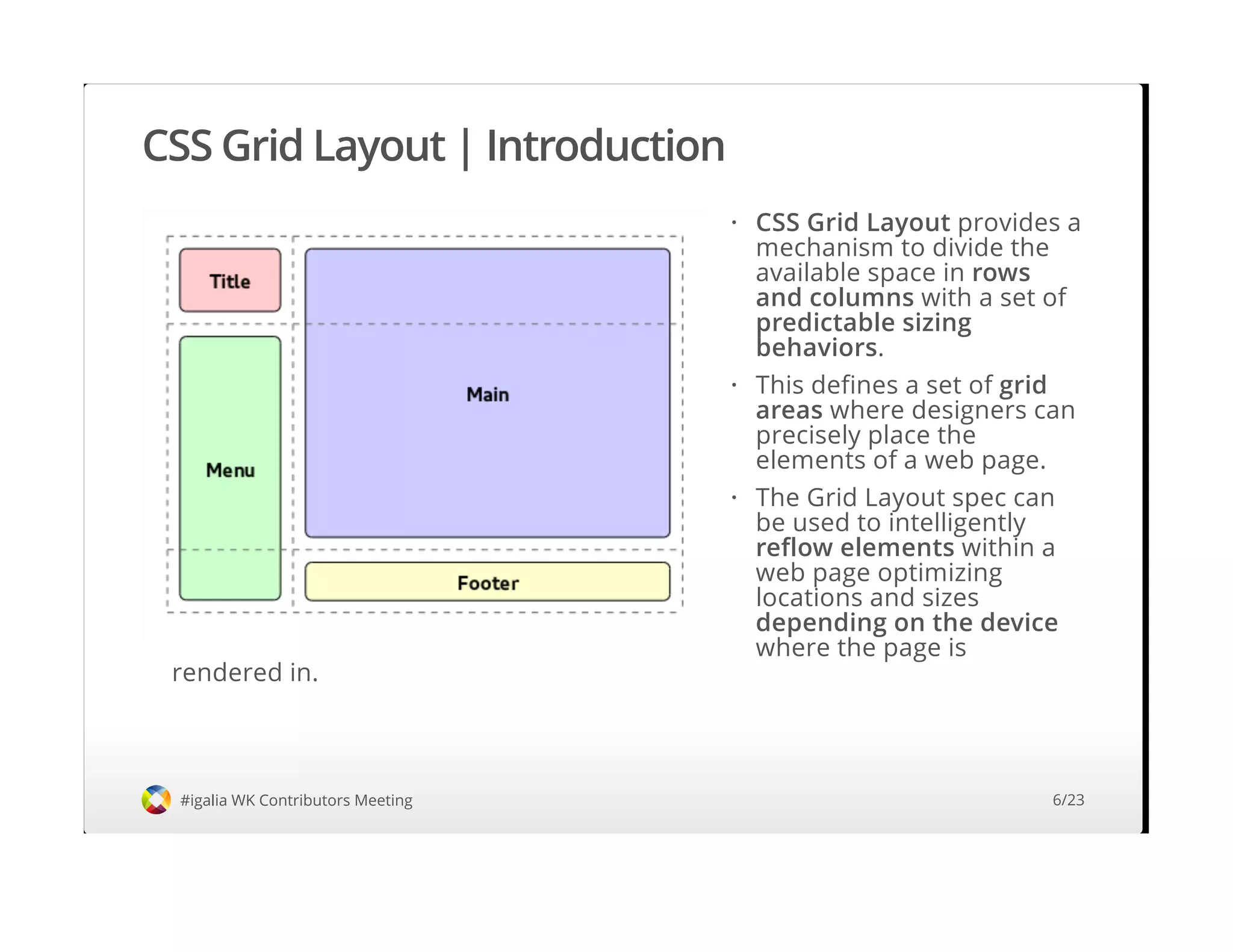 CSS Grid Layout | Introduction
#igalia WK Contributors Meeting
CSS Grid Layout provides a
mechanism to divide the
available space in rows
and columns with a set of
predictable sizing
behaviors.
This defines a set of grid
areas where designers can
precisely place the
elements of a web page.
The Grid Layout spec can
be used to intelligently
reflow elements within a
web page optimizing
locations and sizes
depending on the device
where the page is
rendered in.
·
·
·
6/23
 
