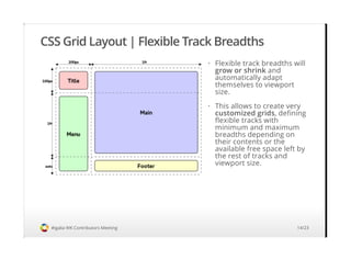 CSS Grid Layout | Flexible Track Breadths
#igalia WK Contributors Meeting
Flexible track breadths will
grow or shrink and
automatically adapt
themselves to viewport
size.
·
This allows to create very
customized grids, defining
flexible tracks with
minimum and maximum
breadths depending on
their contents or the
available free space left by
the rest of tracks and
viewport size.
·
14/23
 