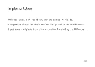 Implementation
UIProcess now a shared library that the compositor loads.
Compositor shows the single surface designated to the WebProcess.
Input events originate from the compositor, handled by the UIProcess.
9/15
 