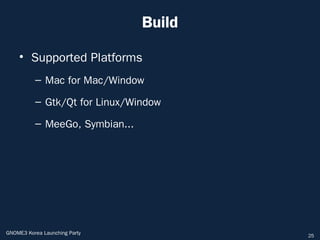 Build

    • Supported Platforms
          – Mac for Mac/Window

          – Gtk/Qt for Linux/Window

          – MeeGo, Symbian...




GNOME3 Korea Launching Party            25
 