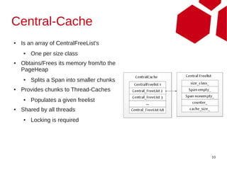 Central-Cache
●   Is an array of CentralFreeList's
    ●   One per size class
●   Obtains/Frees its memory from/to the
    PageHeap
    ●   Splits a Span into smaller chunks
●   Provides chunks to Thread-Caches
    ●   Populates a given freelist
●   Shared by all threads
    ●   Locking is required




                                            10
 