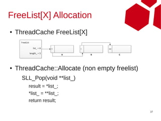 FreeList[X] Allocation
●   ThreadCache FreeList[X]




●   ThreadCache::Allocate (non empty freelist)
      SLL_Pop(void **list_)
        result = *list_;
        *list_ = **list_;
        return result;

                                                 37
 