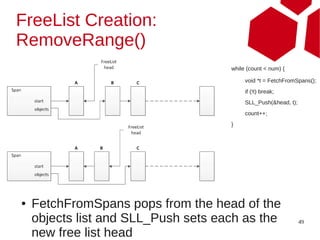 FreeList Creation:
RemoveRange()
                                     while (count < num) {

                                          void *t = FetchFromSpans();
                                          if (!t) break;
                                          SLL_Push(&head, t);
                                          count++;
                                     }




●   FetchFromSpans pops from the head of the
    objects list and SLL_Push sets each as the                  49

    new free list head
 