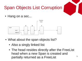 Span Objects List Corruption
●   Hang on a sec...




●   What about the span objects list?
    ●   Also a singly linked list
    ●   The head resides directly after the FreeList
        head when a new Span is created and
        partially returned as a FreeList               55
 