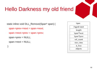 Hello Darkness my old friend

static inline void DLL_Remove(Span* span) {
     span->prev->next = span->next;
     span->next->prev = span->prev;
     span->prev = NULL;
     span->next = NULL;
 }




                                              68
 