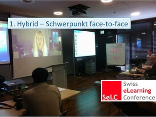 15.05.13	
   (c)	
  Dr.	
  Daniel	
  Stoller-­‐Schai,	
  LerNetz	
  AG	
   14	
  
1.	
  Hybrid	
  –	
  Schwerpunkt	
  face-­‐to-­‐face
 