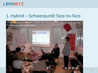1.	
  Hybrid	
  –	
  Schwerpunkt	
  face-­‐to-­‐face	
  
15.05.13	
   (c)	
  Dr.	
  Daniel	
  Stoller-­‐Schai,	
  LerNetz	
  AG	
   16	
  
Kundenschulung in Ungarn, Trainer sitzt, Dolmetscherin steht, Experte aus der
Schweiz per Webconferencing
 