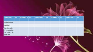SEMANA 1 20 SEMANA 2 20 SEMANA 3 20 SEMANA 4 10 SEMANA 5 30 
Puntualidad 
calidad 
Pertinencia 
y innovación 
su sitio de 
practica 
 