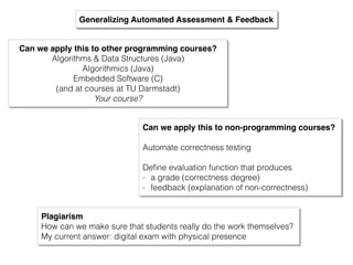 Can we apply this to other programming courses?
Algorithms & Data Structures (Java)
Algorithmics (Java)
Embedded Software (C)
(and at courses at TU Darmstadt)
Your course?
Generalizing Automated Assessment & Feedback
Can we apply this to non-programming courses?
Automate correctness testing
Deﬁne evaluation function that produces
- a grade (correctness degree)
- feedback (explanation of non-correctness)
Plagiarism
How can we make sure that students really do the work themselves?
My current answer: digital exam with physical presence
 