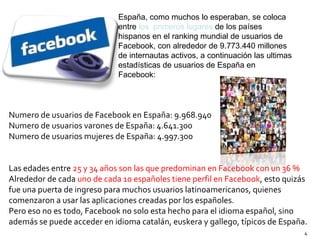 Numero de usuarios de Facebook en España: 9.968.940 Numero de usuarios varones de España: 4.641.300 Numero de usuarios mujeres de España: 4.997.300 Las edades entre  25 y 34 años son las que predominan en Facebook con un 36 % Alrededor de cada  uno de cada 10 españoles tiene perfil en Facebook , esto quizás fue una puerta de ingreso para muchos usuarios latinoamericanos, quienes comenzaron a usar las aplicaciones creadas por los españoles. Pero eso no es todo, Facebook no solo esta hecho para el idioma español, sino además se puede acceder en idioma catalán, euskera y gallego, típicos de España. España, como muchos lo esperaban, se coloca entre  los  primeros lugares  de los países hispanos en el ranking mundial de usuarios de Facebook, con alrededor de 9.773.440 millones de internautas activos, a continuación las ultimas estadísticas de usuarios de España en Facebook: 