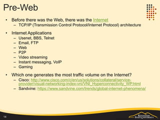 Processing
• Processing capabilities enhance the web from an
application aspect
• At the server side
– CGI: http://en.wikipedia.org/wiki/Common_Gateway_Interface
– Web server extensions or application servers
– Major platforms: .Net (IIS, ASP.Net, Mono), Java EE
(Servlets, JSP, EJB, WebLogic, WebSphere), PHP(Zend),
ColdFusion, etc.
• At the client side
– DHTML: http://en.wikipedia.org/wiki/Dynamic_HTML
– CSS, JavaScript and various components and libraries:
XMLHttpRequest (AJAX), JQuery, etc.
– Browser plug-ins: Flash, Sliverlight, Java Applets, ActiveX,
embedded objects, etc.
14
 