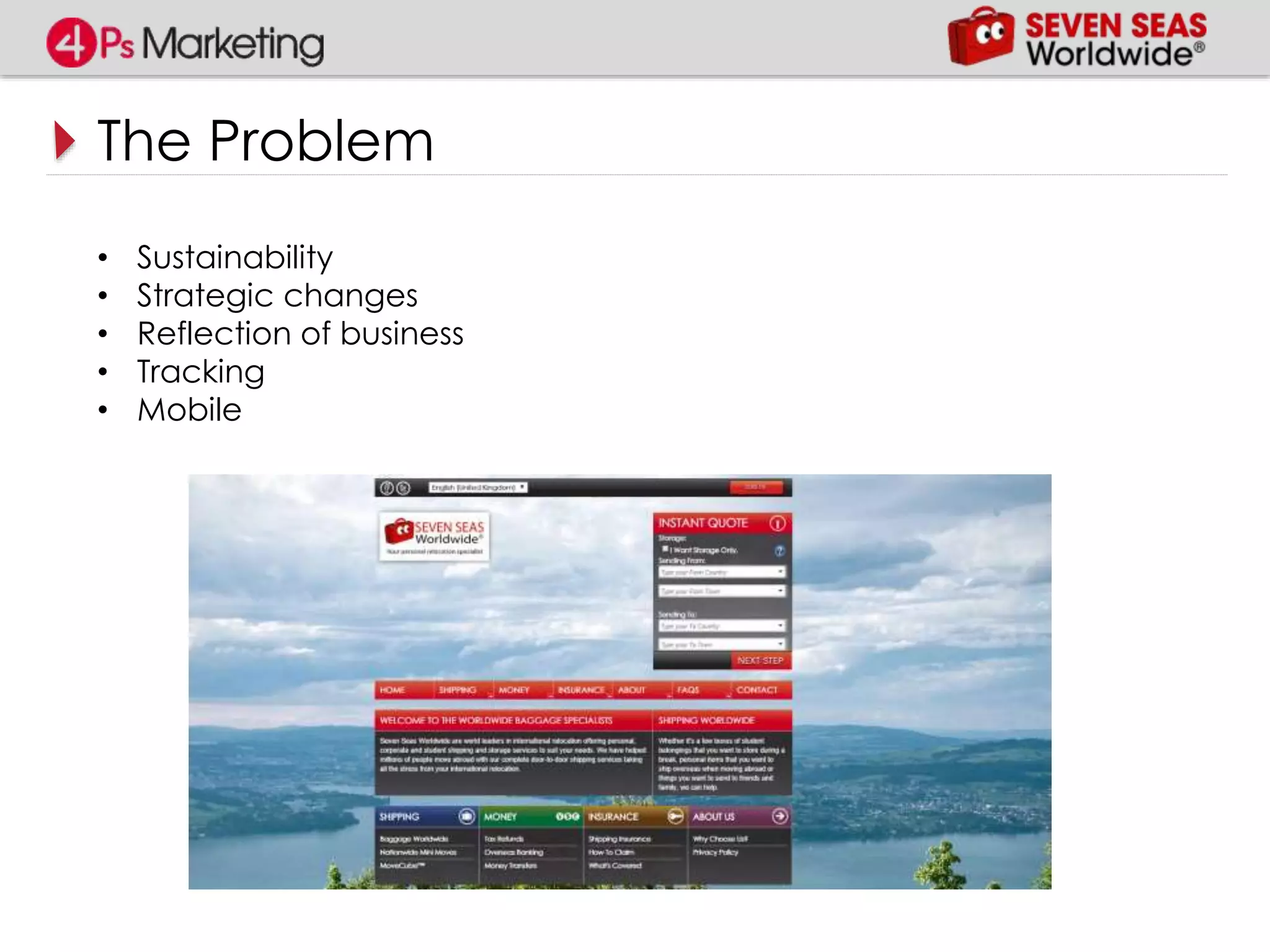 The Problem
• Sustainability
• Strategic changes
• Reflection of business
• Tracking
• Mobile