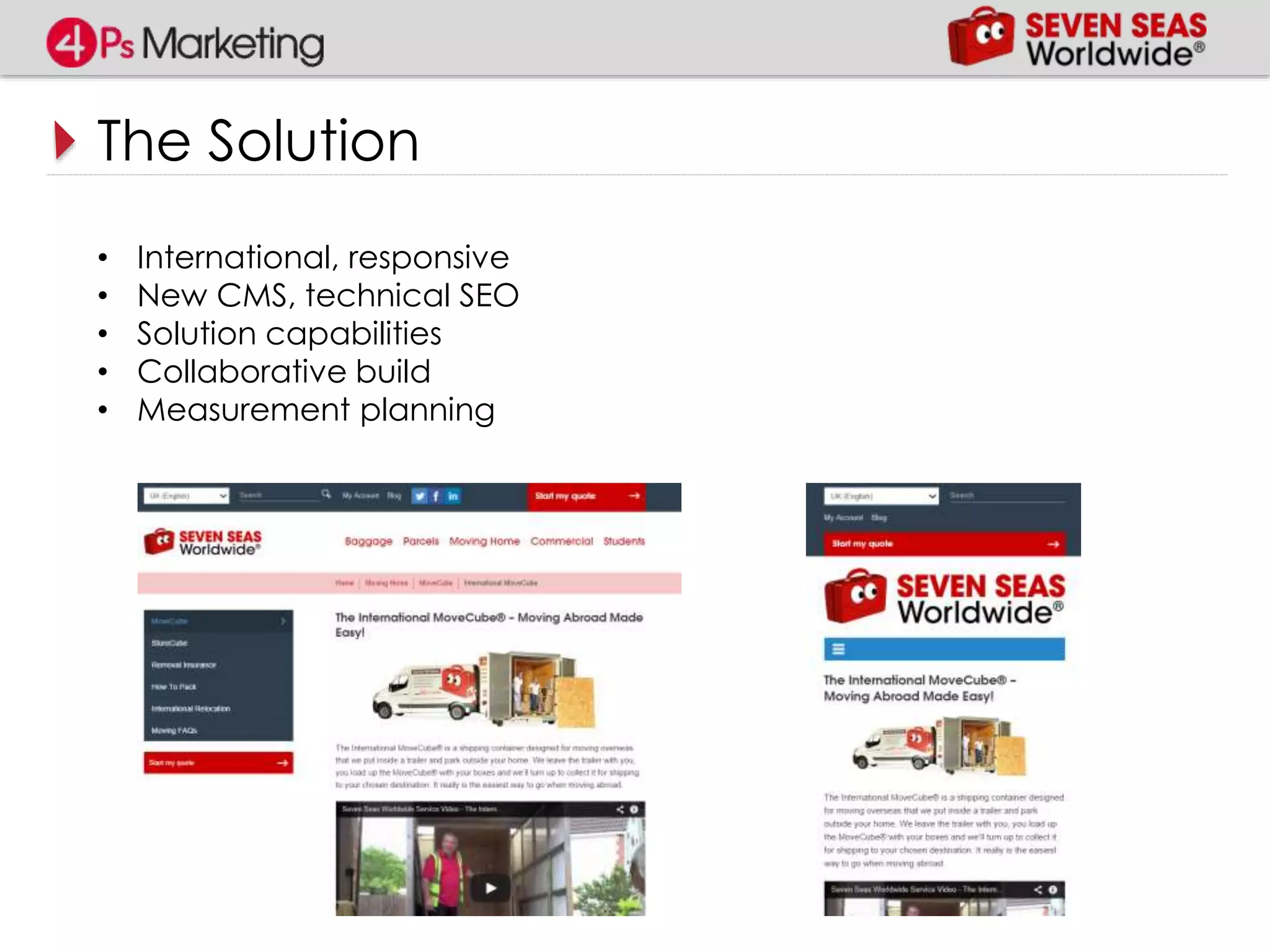 The Solution
• International, responsive
• New CMS, technical SEO
• Solution capabilities
• Collaborative build
• Measurement planning