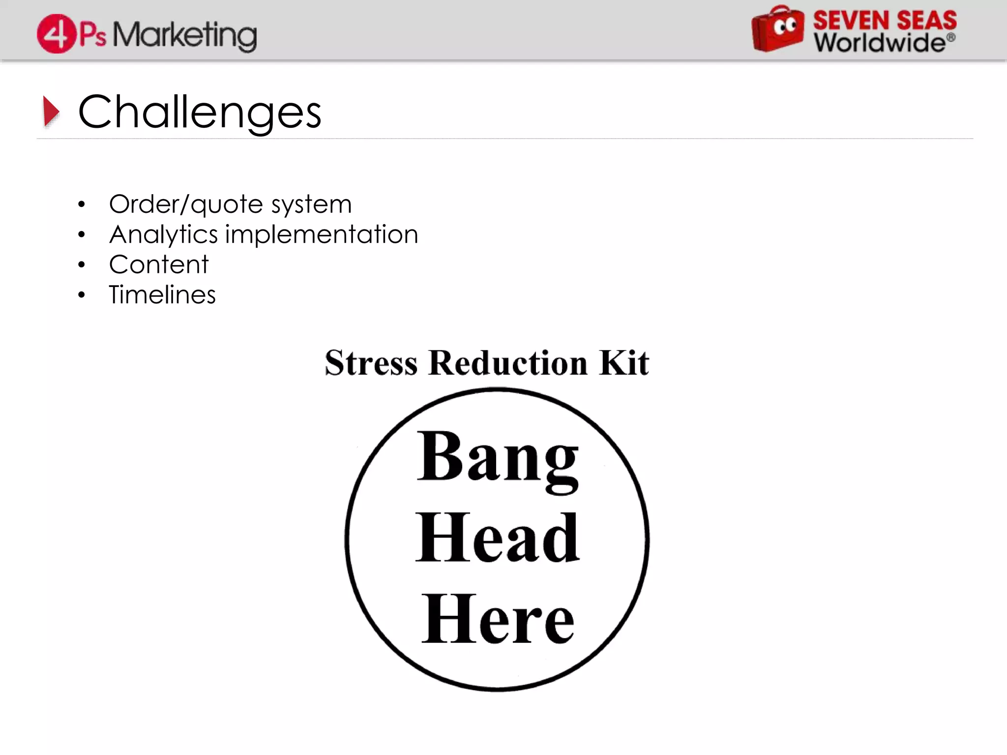 Challenges
• Order/quote system
• Analytics implementation
• Content
• Timelines
